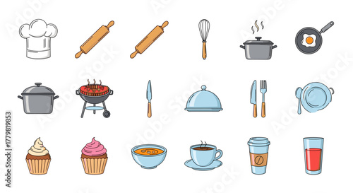 A vibrant collection of cartoon-style cooking and food icons, featuring a chef's hat, rolling pins, pots, a barbecue grill, a frying pan with egg, whisk, knife, serving dome, cutlery, plates