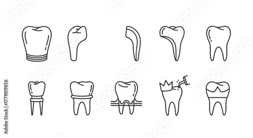Dental Crown Line Icon Pack: A collection of outline signs for graphic and web design, apps, adverts, and various cards, featuring a cartoon illustration of healthy and damaged teeth, including a