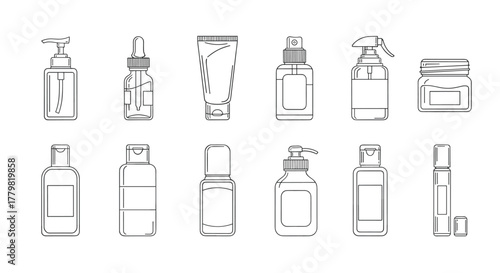 Collection of minimalistic thin outline icons representing various cosmetic bottles and containers, including pump dispensers, dropper bottles, tubes, spray bottles, and jars, perfect for web design