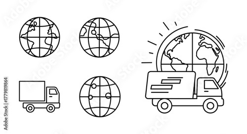 Set of outline icons representing global delivery and logistics, featuring stylized globes with continents and trucks, suitable for web design, app interfaces, advertising, and various graphic