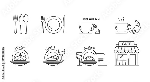 Collection of line art icons representing various dining experiences and food services, including cutlery, plates, breakfast, lunch, dinner, menus, and a cafe storefront, all presented on a clean