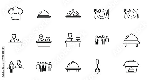A clean and modern line icon set representing various aspects of food service and dining, including a chef's hat, covered dishes, place settings with cutlery, restaurant staff at counters, and groups
