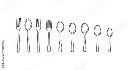 Collection of thin line icons of forks and spoons in various sizes, perfect for web, books, cards, and apps. This editable stroke vector cartoon illustration features a clean white background, ideal