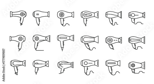 Collection of minimalistic linear pictograms representing various hairdryer models, perfect for web and graphic design, apps, banners, social networks, and cards. This vector cartoon illustration