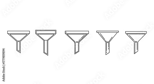 Set of five distinct line art funnel icons isolated on a clean white background, showcasing variations in shape and design for versatile graphic applications, ideal for digital and print media
