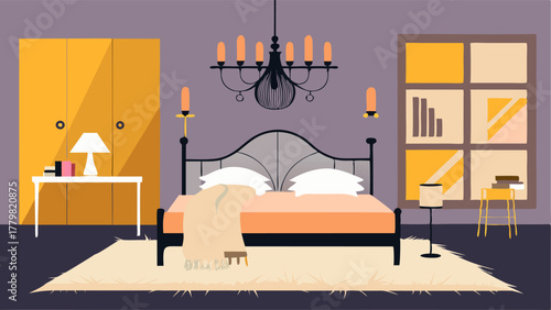 A bedroom with a mix of industrial and glam elements such as a metal bed frame a crystal chandelier and a fur throw blanket.