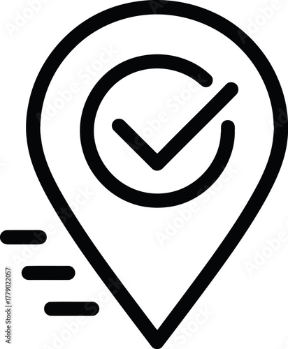 Location pin with checkmark and speed lines indicating successful delivery or arrival