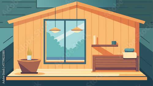 A bathroom with a Scandinavianstyle sauna made of light wood and featuring a large window for natural light.