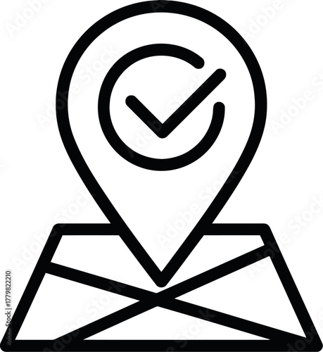 Location marker with check mark symbol on a map outline