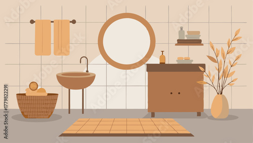 A bathroom with a wooden vanity and a circular mirror framed with dried flowers paired with a jute rug and a rattan laundry hamper.