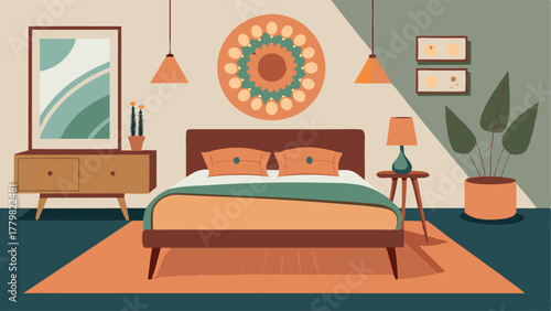 A bedroom with a midcentury modern bed frame paired with a bohemianstyle rug and unique wall art.