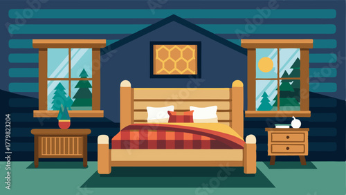 A bedroom with a log cabinstyle bed frame and a handcrafted quilt.