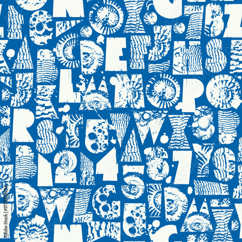Abstract vector seamless pattern with font consisting of geometric shapes with texture, shells on marine theme. Fabric, textile, t-shirt design, tiles, wallpaper, wrapping paper. No AI 