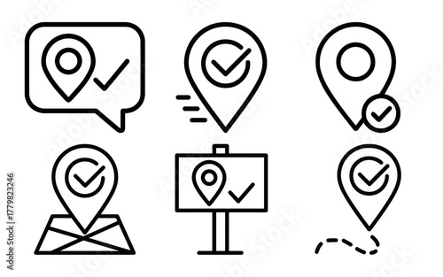 Collection of location pointers with checkmarks for navigation and confirmation