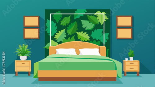 A bedroom with a living wall behind the bed creating the illusion of being surrounded by nature.