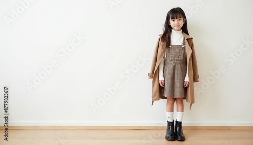 Wallpaper Mural Young girl poses indoors in stylish clothes. She wears dress with checkered pattern. Coat hangs over shoulders. Black shoes and white socks match the outfit. Child stands near white wall. Torontodigital.ca