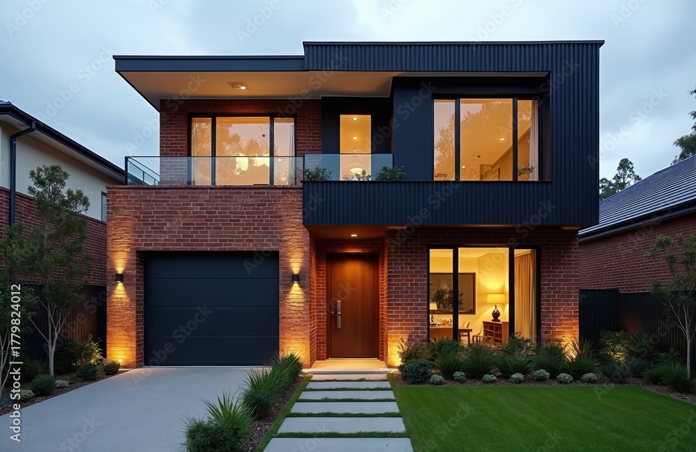Obraz premium Modern two-story brick house with dark facade elements and large windows. Exterior features include a garage, pathway, and lit landscaping, showcasing contemporary Australian architecture.