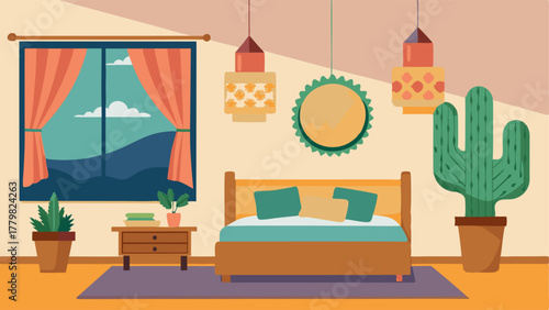 A bedroom with a hanging tapestry as a headboard a woven basket pendant light and a variety of cacti on the window sill.