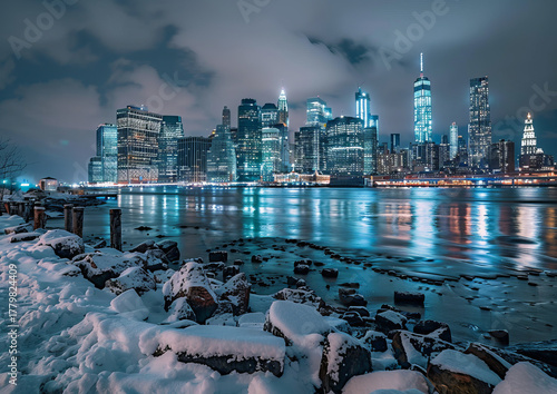 Feel the magic of New York covered in snow. “Snowfall Over Manhattan” captures the cinematic glow of winter nights over the East River, a perfect blend of city lights, reflection, and calm urban beaut