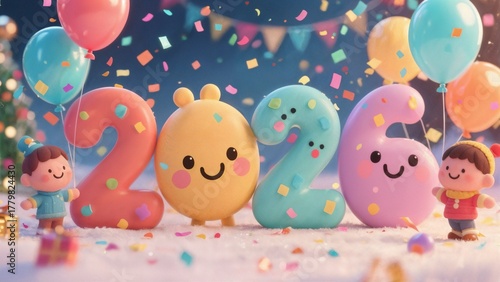 Cute cartoon numbers 2026 with happy faces surrounded by balloons and confetti celebrating new year