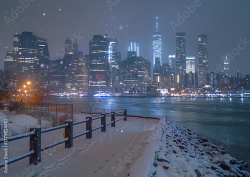 Feel the magic of New York covered in snow. “Snowfall Over Manhattan” captures the cinematic glow of winter nights over the East River, a perfect blend of city lights, reflection, and calm urban beaut