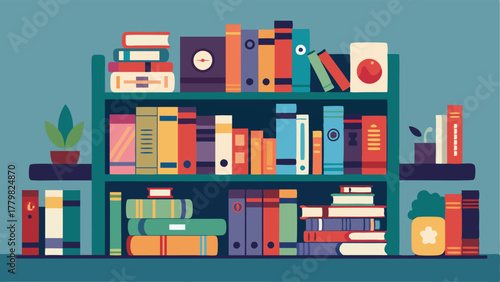 A bookshelf filled with a mix of old and new books with stacks of magazines and art pieces tered throughout.