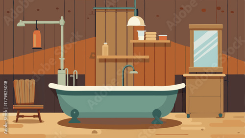 A bathroom with a clawfoot tub showcasing exposed pipes and a wall of reclaimed wood paneling.