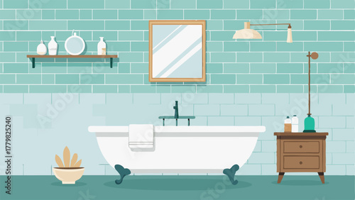 A bathroom with a freestanding bathtub white subway tile and a farmhousestyle vanity with a marble countertop.