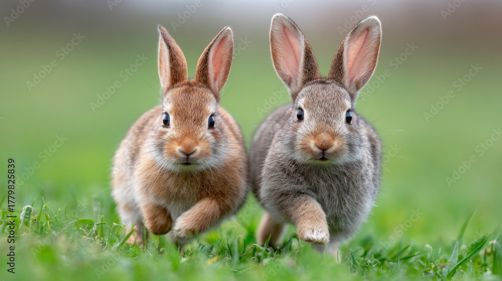 Fototapeta premium Playful rabbits chasing each other in a meadow during springtime adventure