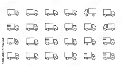 Set of 24 outline icons representing delivery trucks, perfect for graphic design, web design, apps, advertisements, and various cards. This vector cartoon illustration features a white background and
