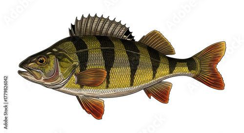 Yellow perch fish with distinctive stripes on black background