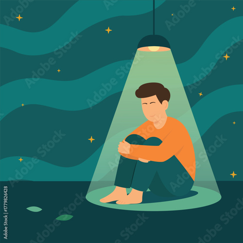 Man sitting alone under light illustration