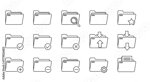 Collection of minimalist line icons representing computer folders, featuring various actions and states like search, checkmark, cross, star, upload, download, add, remove, settings, and documents