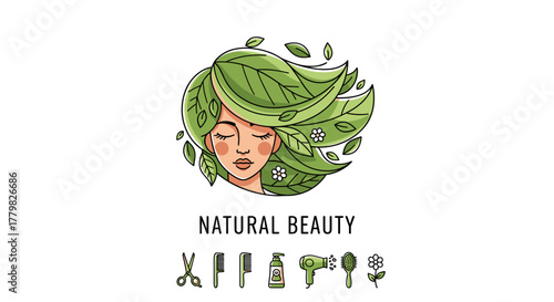 A stylized illustration of a woman's face with her hair made of lush green leaves and delicate white flowers, symbolizing natural beauty and organic wellness. Below the portrait, a clean line icon