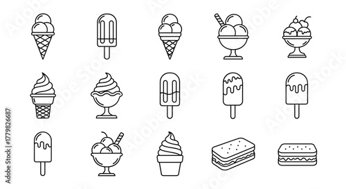 Collection of simple, linear, outline vector illustrations of ice cream and frozen treats, including cones, sundaes, popsicles, and sandwiches, suitable for web, books, cards, and apps, with editable