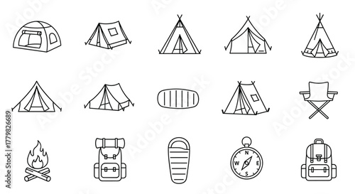 Collection of camping and outdoor adventure line icons, featuring various tent styles, sleeping bags, backpacks, a campfire, a compass, and a folding chair, perfect for graphic design, web, apps, and