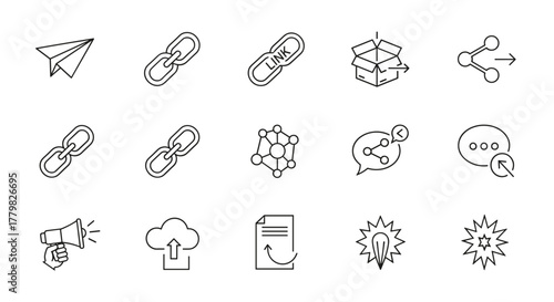 A collection of 15 diverse line icons representing sharing, linking, and communication concepts, including a paper airplane, chain links, a link symbol, an open box with an arrow, a share icon, a