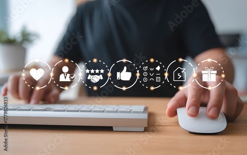 Person interacting with digital marketing icons on a computer