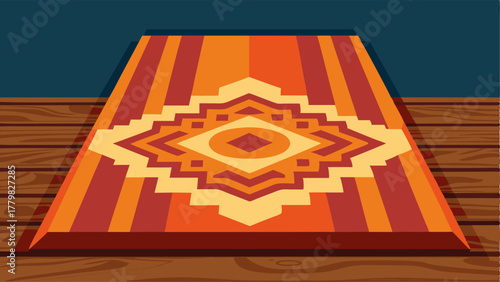 A bold patterned rug covering the hardwood floor adding warmth and texture to the space.