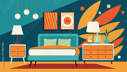 A bedroom with a 1960sinspired wallpaper a midcentury modern dresser and a contemporary bed frame in a bold color.