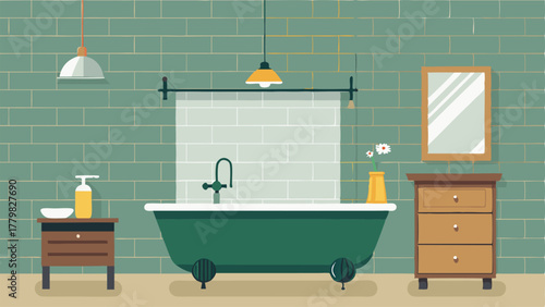 A bathroom with a clawfoot tub subway tile shower and a vanity with a concrete countertop and industrialstyle sink.