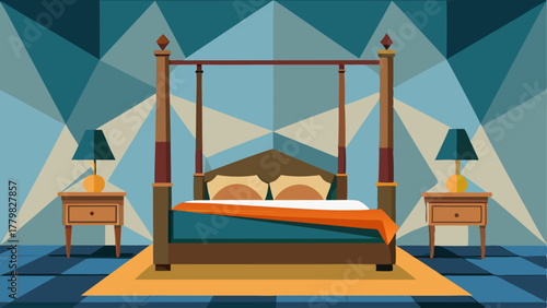 A bedroom with a wooden fourposter bed layered neutral bedding and a geometric wallpaper accent wall.