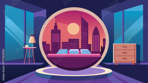 A bedroom with a round eggshaped bed and a wall covered in a retrofuturistic cityscape mural.