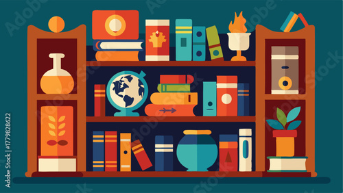 A bookshelf filled with books and trinkets from different cultures and time periods.