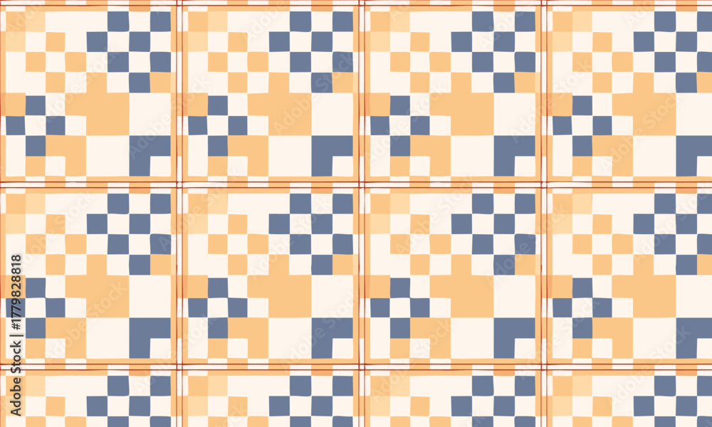 Fototapeta premium Retro Geometric Tile Pattern — Seamless Abstract Vector Design in Orange and Blue