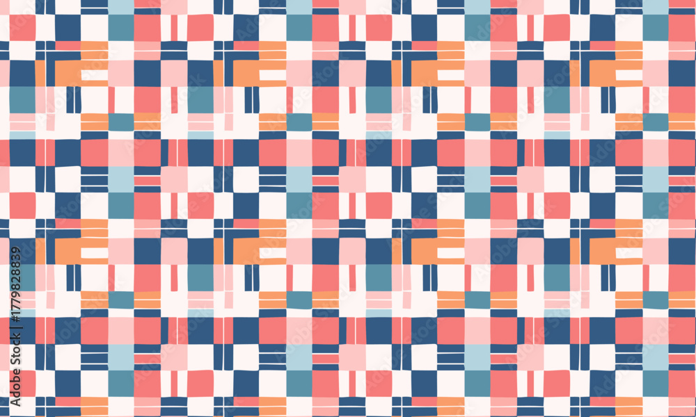 Fototapeta premium Modern Geometric Checkered Pattern — Colorful Abstract Plaid Vector Background in coral, navy, teal, and cream tones