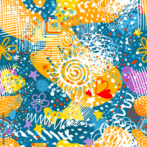 Seamless background abstract colorful bright children's. for packaging, textiles, decor, children's decoration . Hand drawn. Not AI, vector illustration.