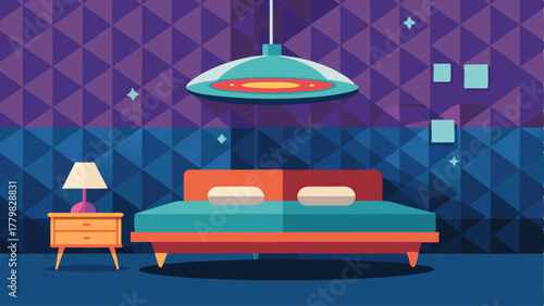 A bedroom with a geometric patterned wallpaper and a floating bed with a rounded spaceshiplike headboard.