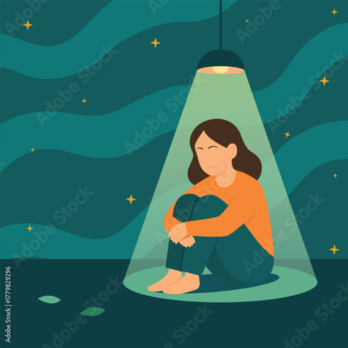 Woman sitting alone under light illustration