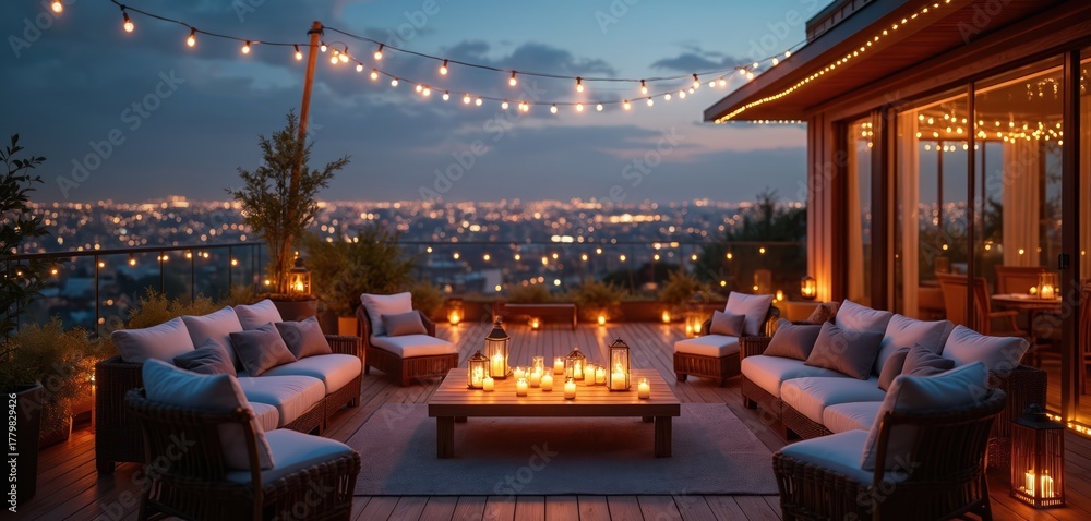 Obraz premium Cozy rooftop terrace with sofas and string lights overlooks city at dusk. Candles on coffee table create warm ambiance. Outdoor seating area for relaxation and entertainment during evening.